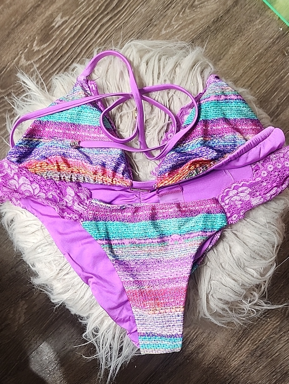 Beach Bunny Multicolor Striped Bikini with Purple Accents 2 Bikini's In One